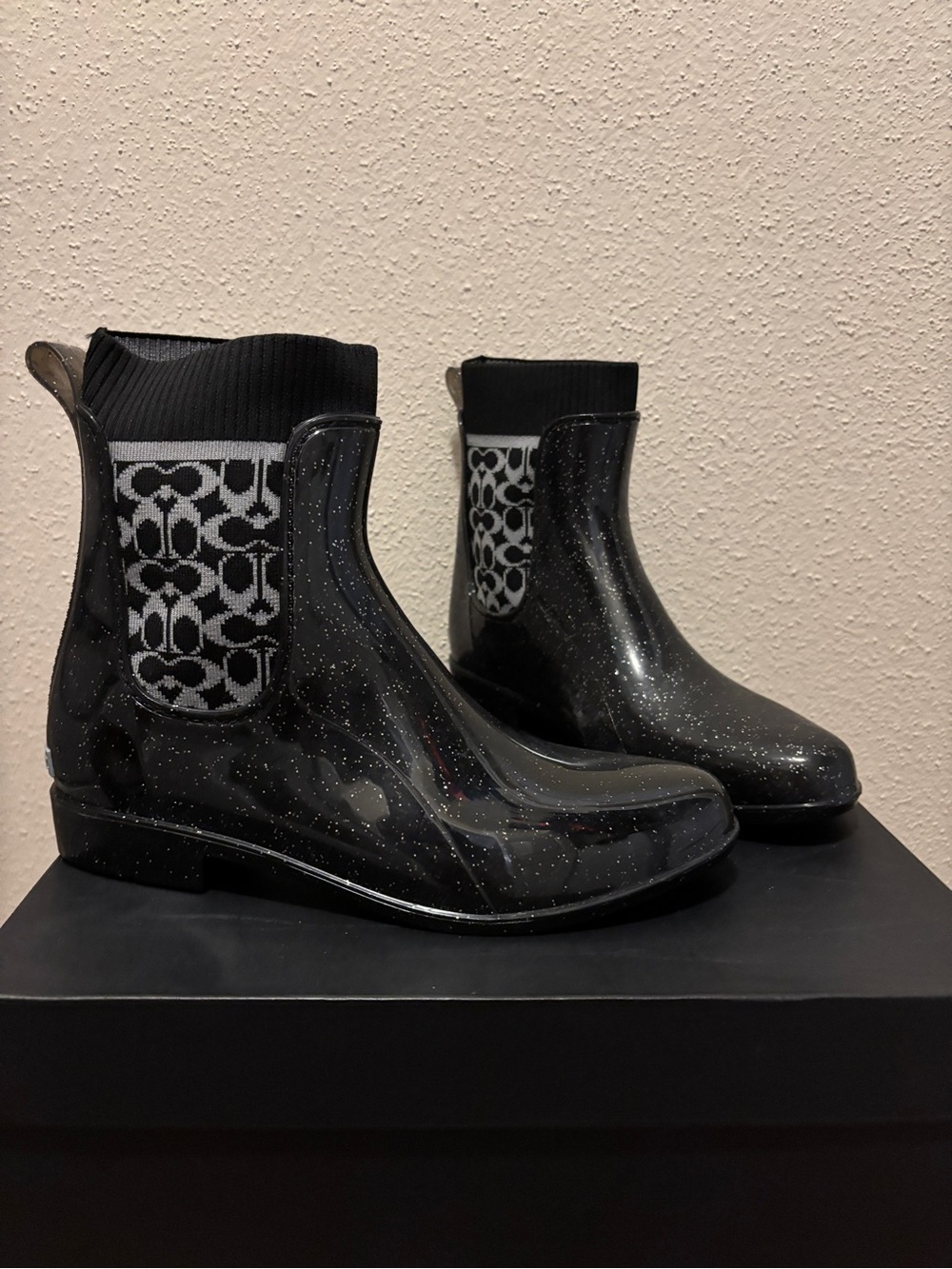 Coach Black Glitter Chelsea Rain Boots with Signature Jacquard Panel